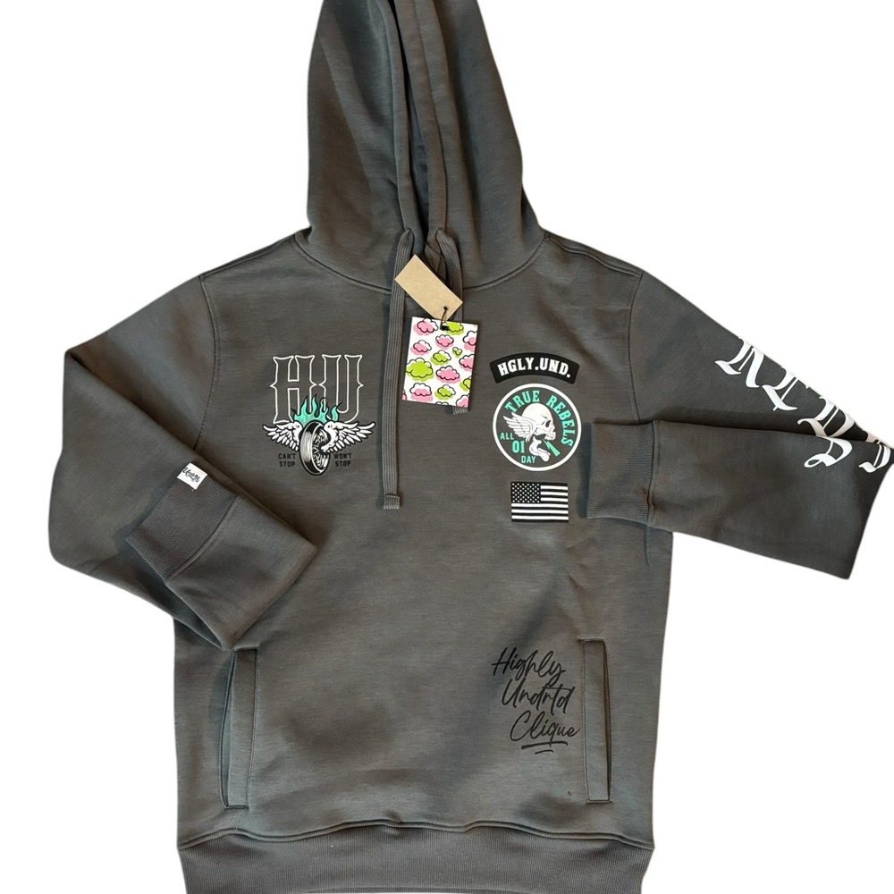 Gray Hoodie with Graphic Patches